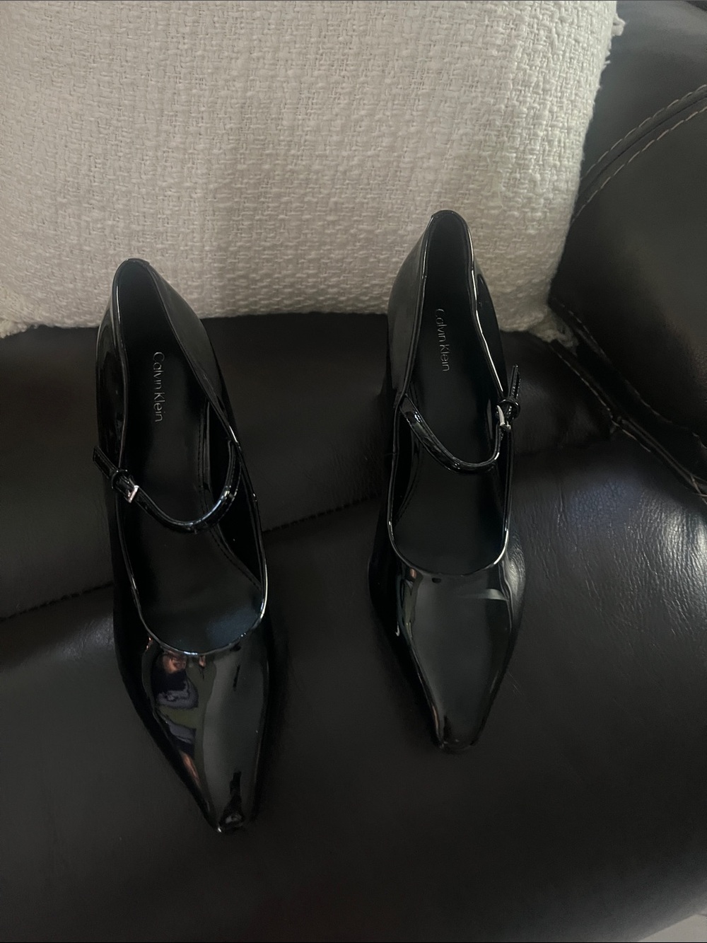 Calvin Klein Black Patent Mary Jane Pointed Toe Heels
